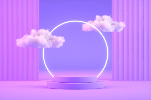 istock Podium, product display pedestal, platform with cloud and neon light 1347709735