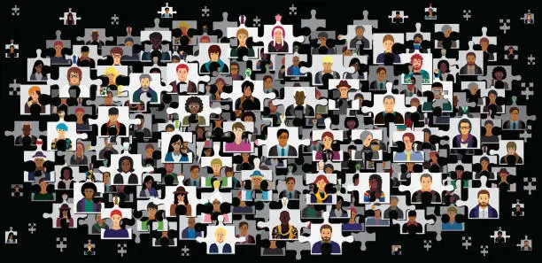 Vector illustration of Social network scheme, which contains people icons in the form of jigsaw puzzle pieces.