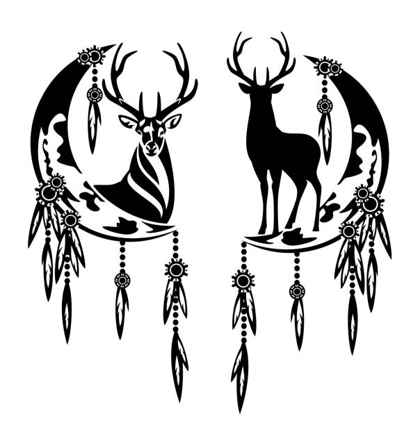 Feathered Dream Catcher With Moon Crescent And Deer Stag Black And White  Vector Design Set Stock Illustration - Download Image Now - iStock