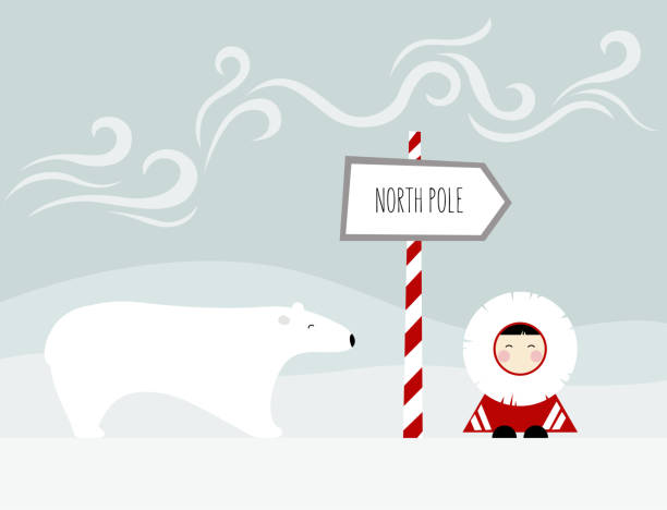 North Pole travel Illustration of the Eskimo, polar bear and pointer to the North Pole north pole stock illustrations