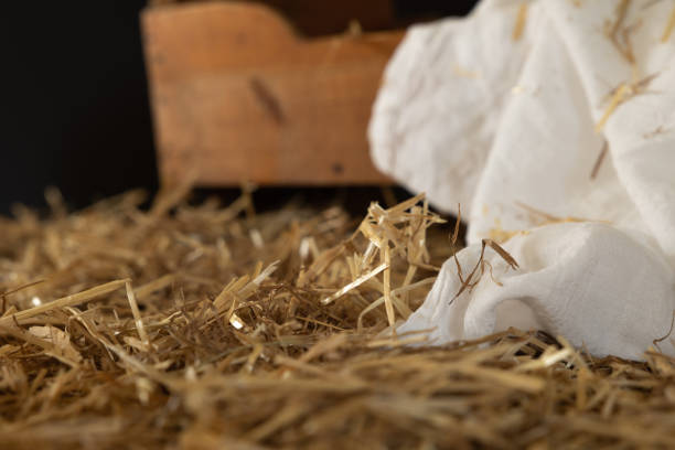 istock Wood manger with straw and linen 1347715296