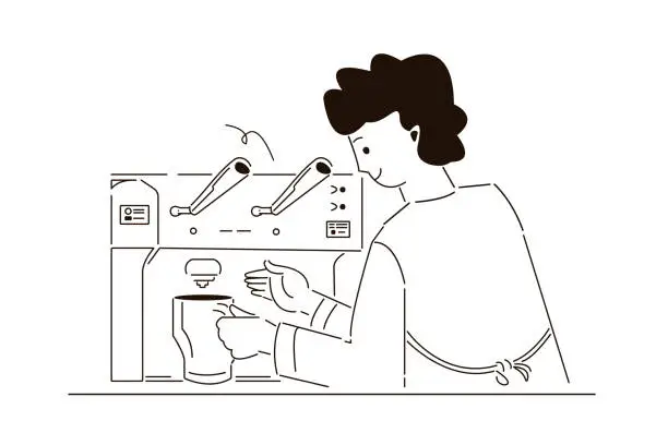 Vector illustration of Male barista in front of coffee machine prepares order. Ð¡appuccino time and take away concept. Cartoon man preparing and serving coffee