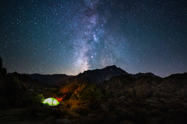 Lone Pine Camping under the Milky Way stock photo