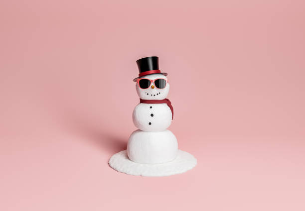 snowman with sunglasses, hat and scarf snowman with sunglasses, hat and scarf on a minimalist background with space for text. 3d rendering snowman stock pictures, royalty-free photos & images