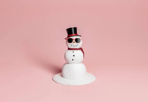 Photo of snowman with sunglasses, hat and scarf