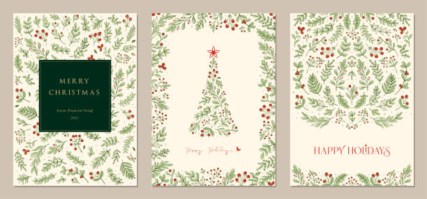 Universal Christmas Templates_14 Merry and Bright Corporate Holiday cards. Modern abstract creative universal artistic templates with Christmas Tree, birds, floral frames and backgrounds. christmas card stock illustrations