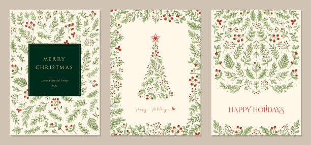 Universal Christmas Templates_14 Merry and Bright Corporate Holiday cards. Modern abstract creative universal artistic templates with Christmas Tree, birds, floral frames and backgrounds. christmas card template stock illustrations