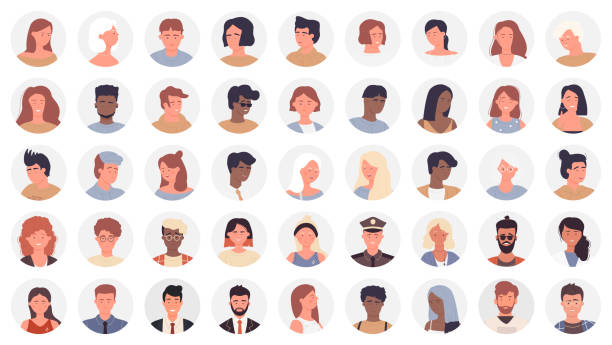 Icon avatars of people, man woman of different profession and age set, worker, student Icon avatars of people, different profession and age vector illustration set. Cartoon round avatar for man woman, business worker character, professional manager, student and teacher isolated on white user profile illustration stock illustrations