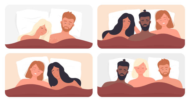 biseksualna para śpi w łóżku i przytula się, leżąc na poduszce pod kocem razem - homosexual couple illustrations stock illustrations