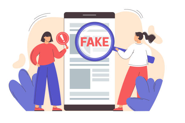 Flat girl with magnifying glass checking fake news Flat girl with magnifying glass scanning and check news on smartphone. Spreading fake news concept. Hoax on the internet and social media. Untruth information spread. fake news stock illustrations