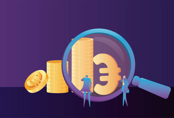 Two business men are observing the euro inside the Magnifying glass Two business men are observing the euro inside the Magnifying glass banknote euro close up stock illustrations