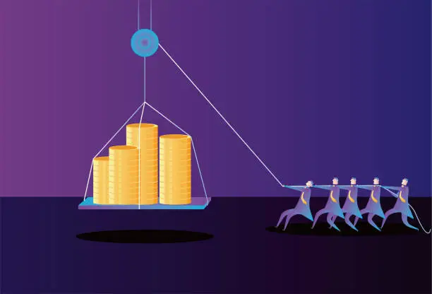 Vector illustration of The merchants used pulleys to lift up wealth.