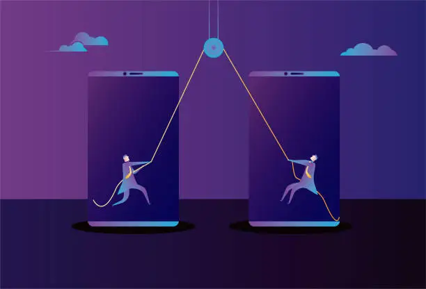Vector illustration of The two business men in the mobile phone pull the rope with a pulley.