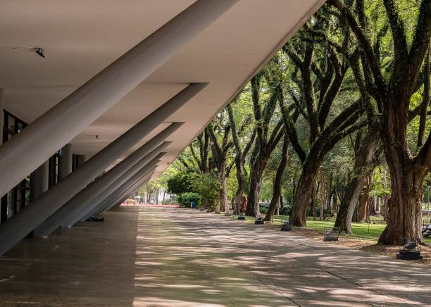 Oscar Niemeyer's modern architecture and the nature of Ibirapuera Park. Santos, São Paulo - Brazil - September 30, 2021: Oscar Niemeyer's modern architecture and the nature of Ibirapuera Park. ibirapuera park stock pictures, royalty-free photos & images