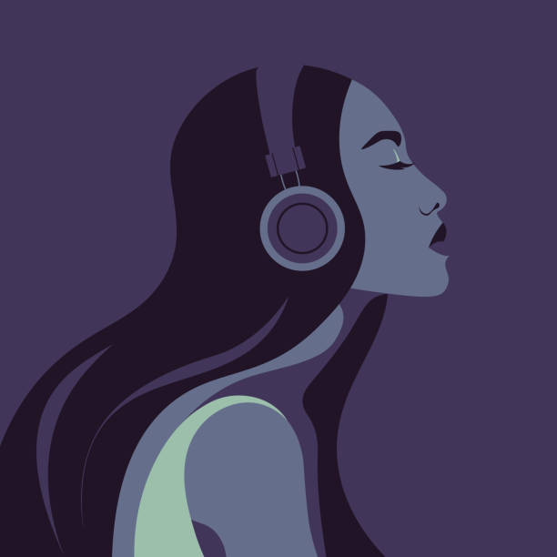 illustrations, cliparts, dessins animés et icônes de une femme asiatique écoute de la musique au casque. - fille casque