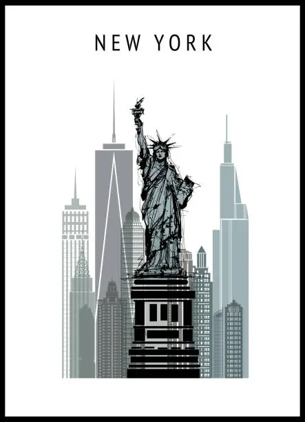 Vector illustration of New York cityscape with Liberty statue