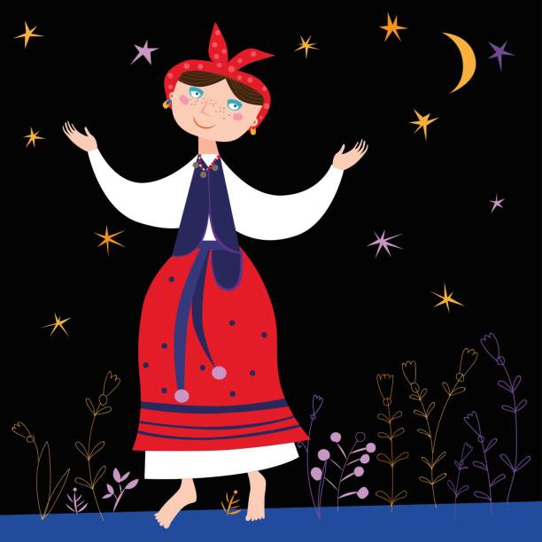 dziewczyna w stroju etnicznym wśród kwiatów na tle nocnego nieba - black background little girls humor child stock illustrations