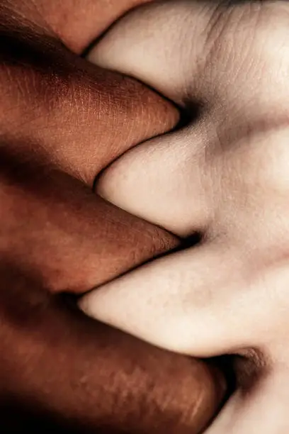 An African persons hand gripping the hand of a Caucasian person, the light and dark skin colors contrasting.  Symbolic of unity, connection, and working together on issues of race, equity, and equality.