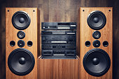 Retro Tiered Stereo System And Wood Speakers