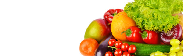 istock Vegetables and fruits isolated on a white background. Wide format. Place for your text. 1347731279