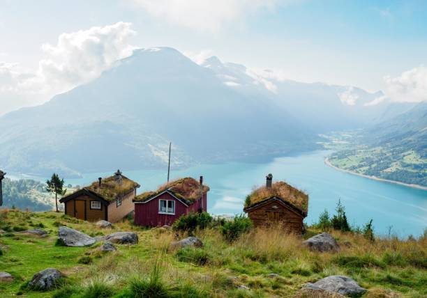 Colorful huts with Innvikfjorden at background from Raksetra mountain huts in Norway