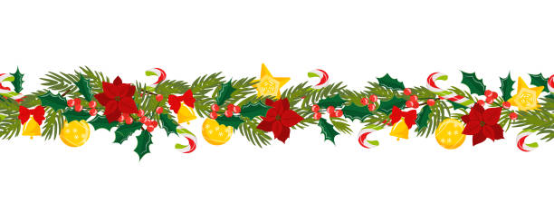 nahtlose weihnachtsbordüre aus mistel, weihnachtssternblume, tannenbaum mit glocken- und weihnachtsschmuck, zuckerstange. muster geeignet für poster, banner, karten, einladungen - bell frame ribbon vector stock-grafiken, -clipart, -cartoons und -symbole