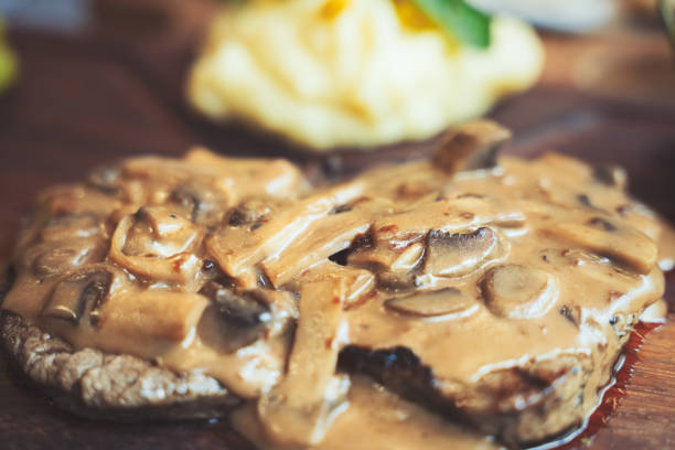 Steak, Mushroom sauce, Meat, Restaurant, Savory food