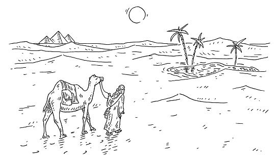 Bedouin and camel go to the oasis in the desert. Vintage vector engraving black illustration. Hand drawn design