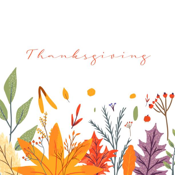 ilustrações de stock, clip art, desenhos animados e ícones de happy thanksgiving greeting cards and invitations. celebration poster with text, autumn leaves, berries for postcard, banner. vector calligraphy lettering holiday quote - tree autumn thanksgiving leaf