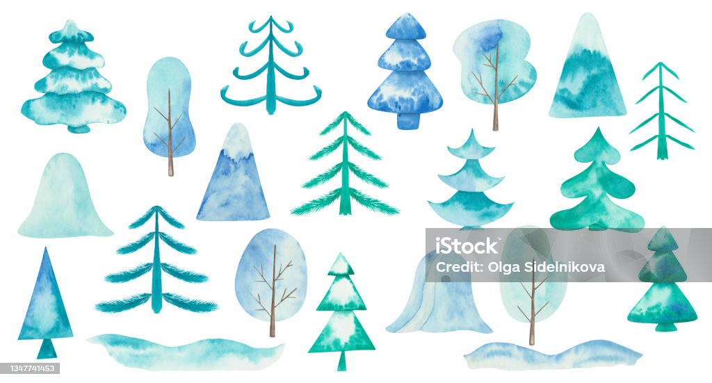 Watercolor illustration hand painted winter in blue bank of snow drift, mountain, fir trees, pine, spruce for Christmas, New Year - Royalty-free Animasyon karakter Stock Illustration Watercolor illustration hand painted winter in blue bank of snow drift, mountain, fir trees, pine, spruce for Christmas, New Year - Royalty-free Animasyon karakter Stock Illustration