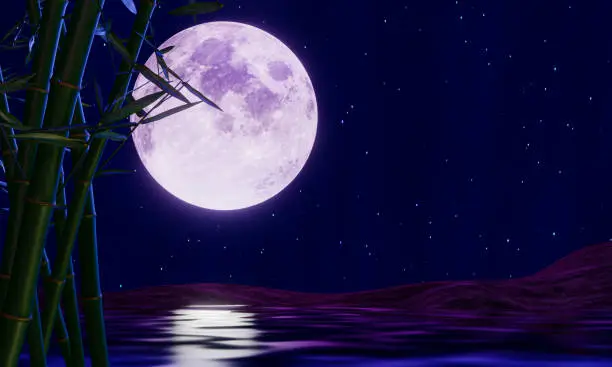 Photo of Full moon night or supermoon reflected on the sea. There is a backdrop of bamboo. The zen style image looks calm, bamboo trees and water surface. 3D rendering