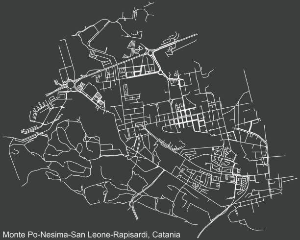 illustrazioni stock, clip art, cartoni animati e icone di tendenza di mappa stradale negativa scura del quartiere monte po-nesima/san leone-rapisardi di catania, italia - catania sicily italy traffic