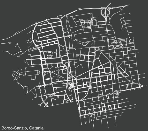 illustrazioni stock, clip art, cartoni animati e icone di tendenza di mappa stradale negativa scura del quartiere borgo-sanzio di catania, italia - catania sicily italy traffic