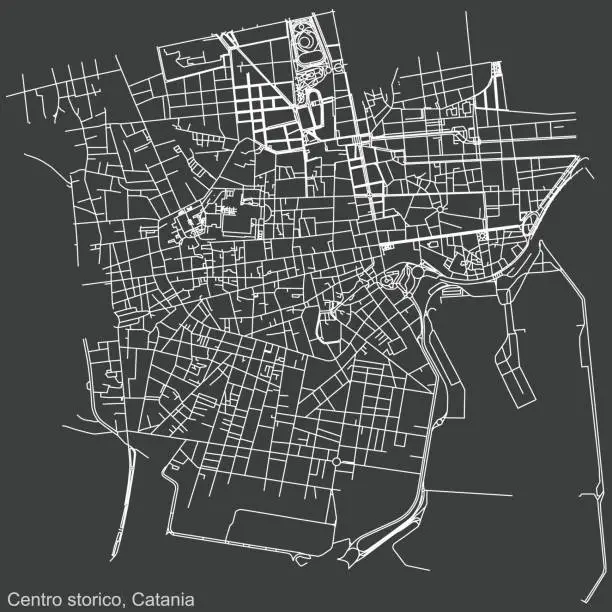 Vector illustration of Dark negative street roads map of the Centro storico district of Catania, Italy