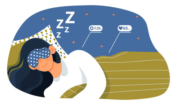 Woman in night mask Woman in night mask. Young girl sleeping. Taking care of your health, correct daily routine. Modern technology, pulse, breathing. Cartoon flat vector illustration isolated on white background drawing of mattress stock illustrations