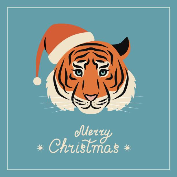 istock Merry Christmas and Happy New Year Postcard with tiger face in santa hat. 1347743974