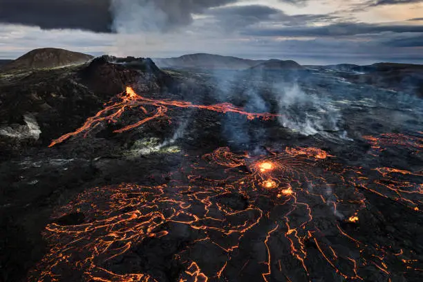 Aerial view of lava formations at Fagradalsfjall volcano in Iceland.