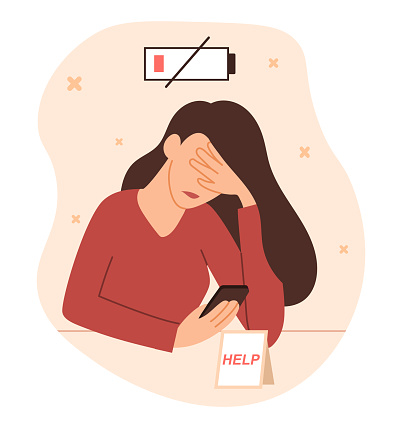 Tired woman with smartphone. Girl sits with discharged battery and help sign. Asking for support, burnout, fatigue, unhappy, upset. Cartoon flat vector illustration isolated on white background