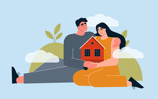 Buying house, relocation to a new home, mortgage concept. Young couple holding a country house, cottage. Family investing in real estate, purchasing property