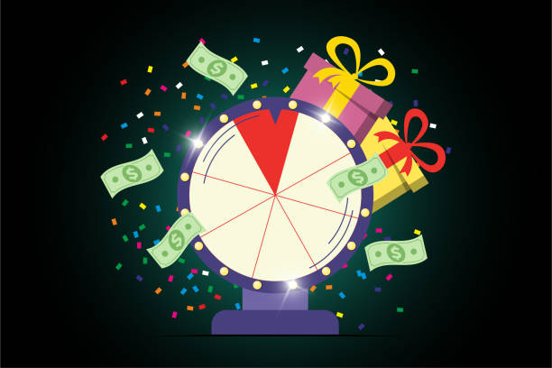 ilustrações de stock, clip art, desenhos animados e ícones de fortune wheel poster. spinning lucky roulette with win money cash, prize gifts and confetti on dark background. gambling game banner. life good luck and success symbol. winner take chance concept - wheel incentive spinning luck