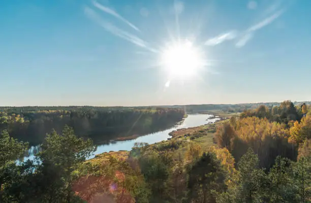 Landscape view on the bend of Daugava river from sightseeing tower located in Vasargeliski, Naujene parish, Daugavpils district, Latgale region, Latvia, which is a part of Nature Park "Daugavas Loki"