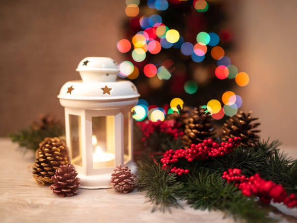 istock Christmas lantern on wooden table 1347751990