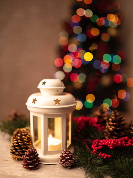 istock Christmas lantern on wooden table 1347752069