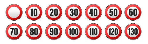 Vector illustration of Vector high quality flat style collection set of generic speed limit signs with black number and red circle - usable for metaphor communication in business field