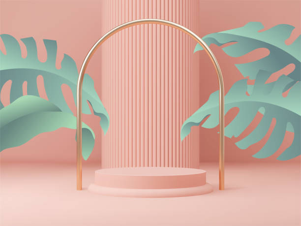 istock 3D rendered podium for your product showcase. Pink shapes with tropic leaves. Vector 3d illustration. 1347756698