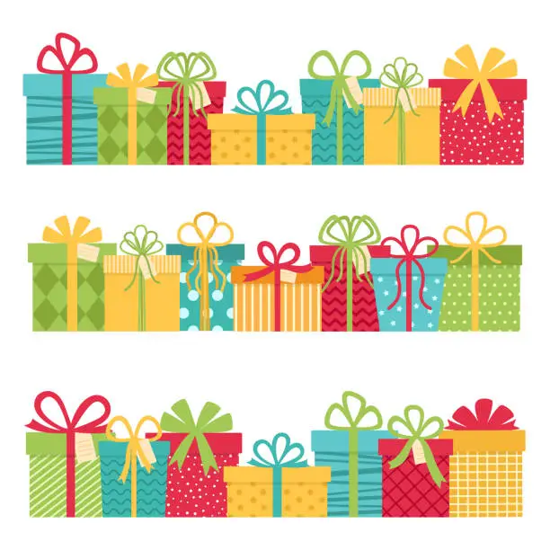 Vector illustration of Set of rows of colorful gift boxes. Gifts for holidays. Vector illustration