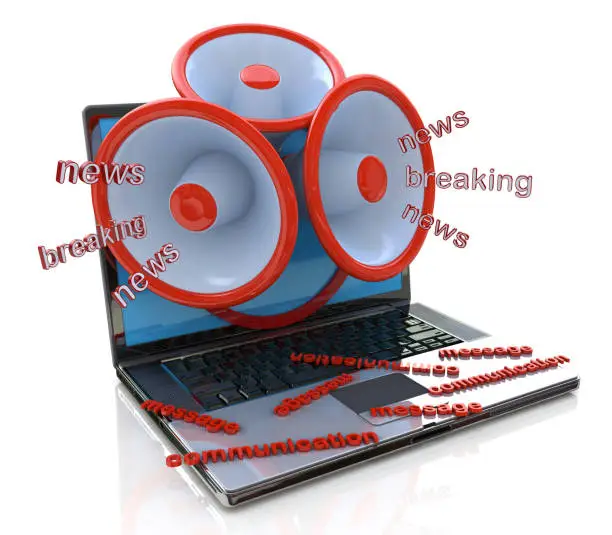 Photo of Megaphones coming out of laptop screen concept, online breaking news, media in the design of information related to communications. 3d illustration