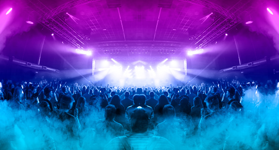 Image shot during a music festival. Light comes from a stage with a band show, people silhouettes are visible in front of it.