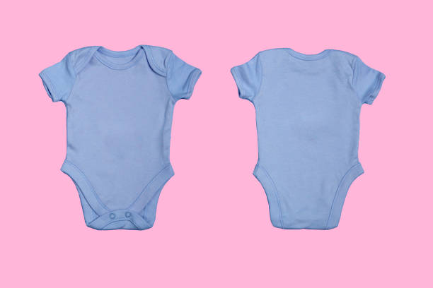istock Blue blank baby bodysuit template, closeup mockup on pink background. Front and back side. Baby bodysuit, jumpsuit for newborns. View from above 1347758313