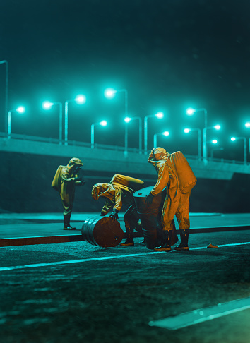 Workers wear protective suits and rubber boots while they move big barrels. It is night. The barrels could be filled with all kind of things linke toxic waste or chemical weapons. Digitally generated image.
